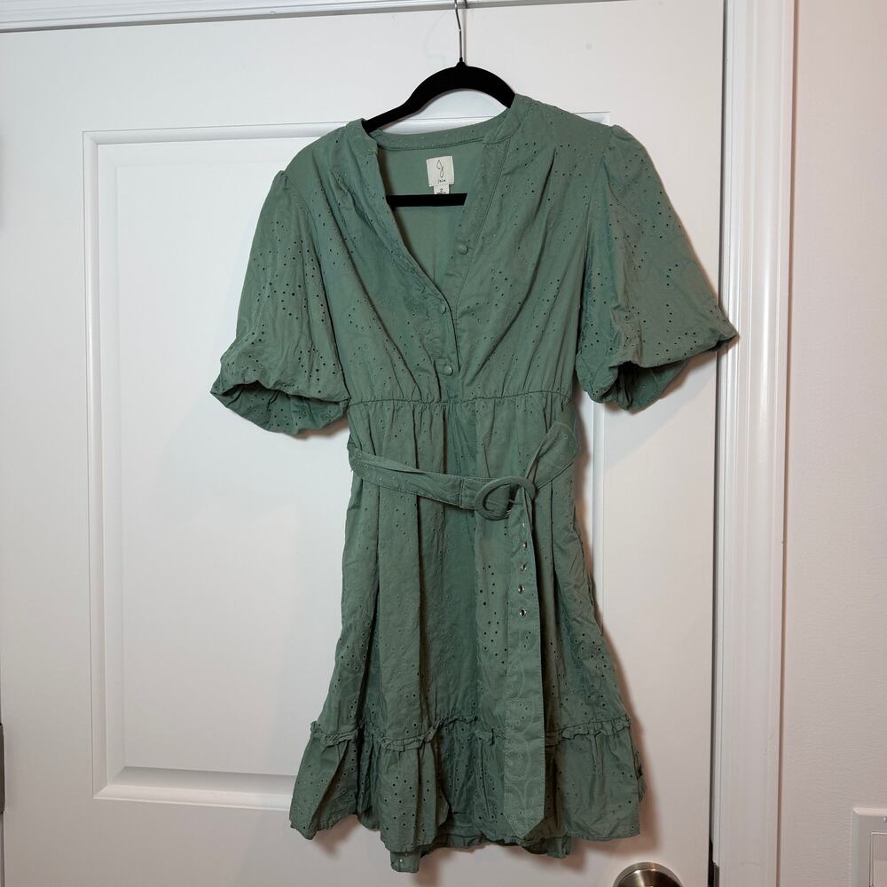 Joie Eyelet Sage Green Belted Mini Dress size 2